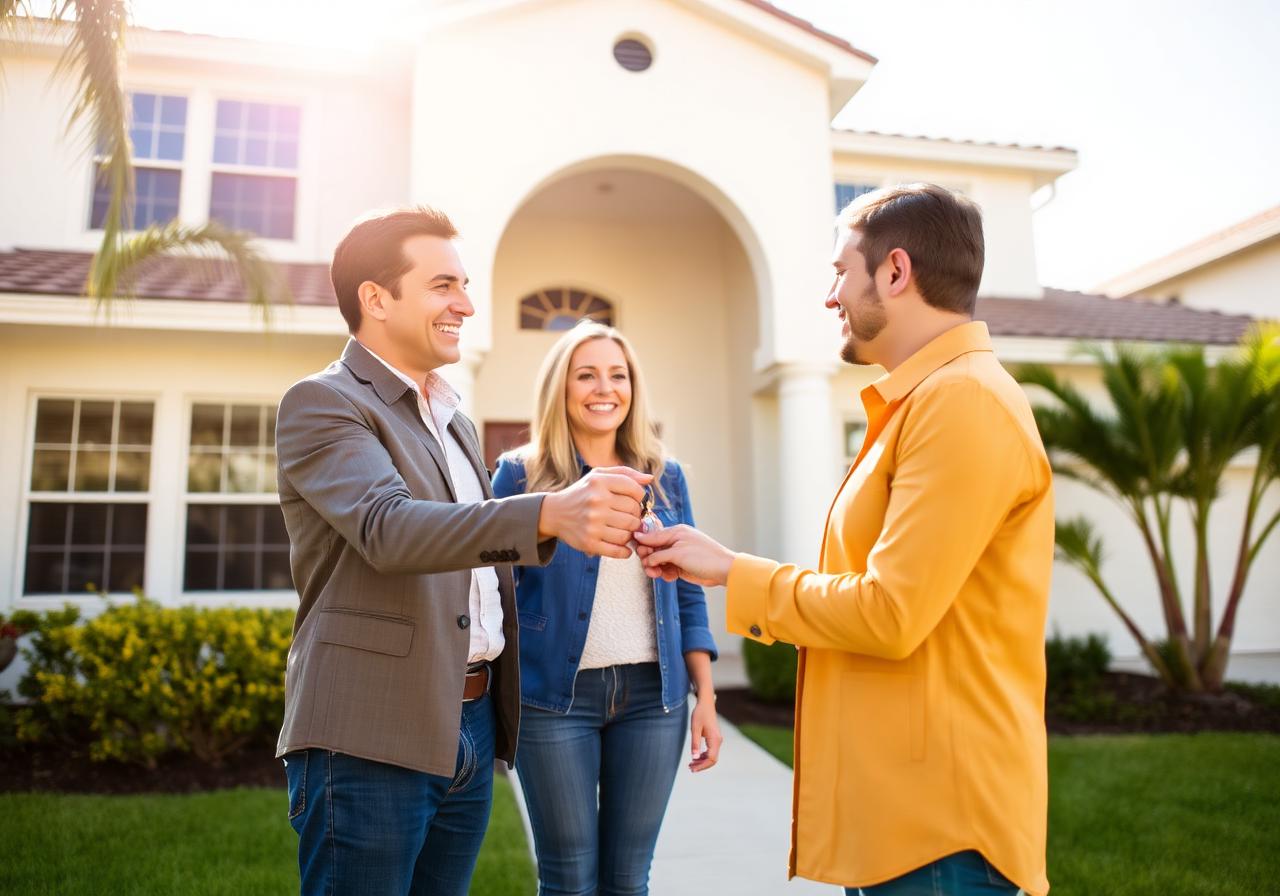 Palm Coast Real Estate agent handing keys to new homeowners