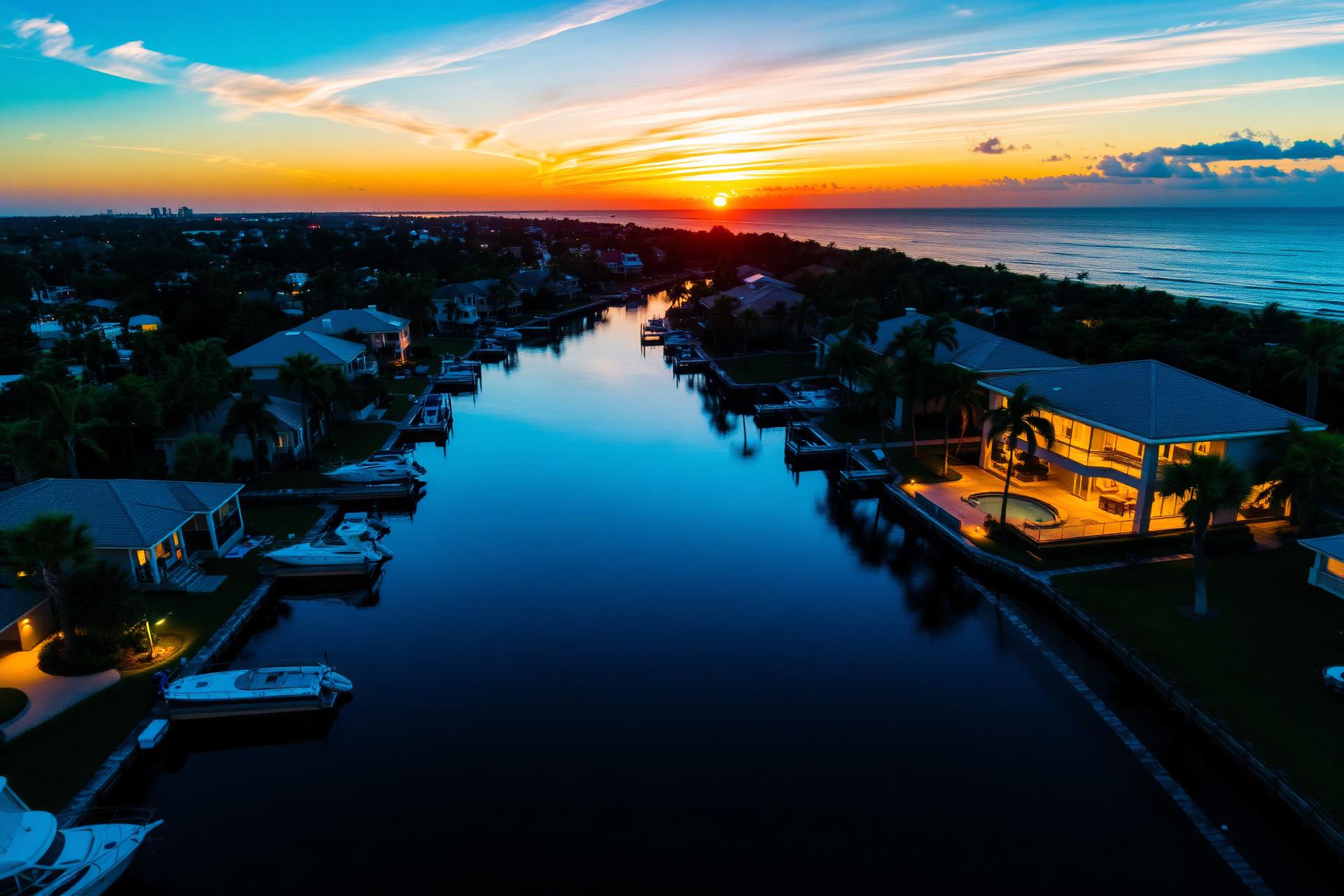 Aerial sunset view of Palm Coast Florida waterfront homes